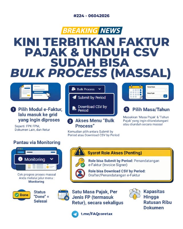 #eFaktur #BulkProcess224. Bagaimana caranya untuk approval/submit atau mengunduh data secara massal atas Faktur Pajak Keluaran, Faktur Pajak Masukan, Dokumen Lain Pajak Keluaran/Masukan, dan Retur  tanpa terbatas halaman?Per 06 April 2026, PKP sudah dapat memanfaatkan fitur:→ Submit by Period/Download CSV by Period di modul eFaktur:* Pajak Keluaran* Retur Pajak Masukan* Dokumen Lain Pajak Keluaran/Masukan* Retur Dokumen Lain Pajak Keluaran/Masukan→ Download CSV by Period/ Download PDF by Period di modul eFaktur:* Pajak Masukan* Retur Pajak Keluaran📍 Cara Menggunakan