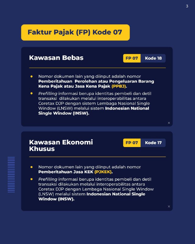 51. Bagaimana cara pengisian Nomor Dokumen pada isian Faktur Pajak kode FP 07 atas Penyerahan ke Kawasan Berikat, Kawasan Bebas atau Kawasan Ekonomi Khusus?#eFaktur #Kode07  Faktur Pajak (FP) Kode 07 adalah faktur pajak untuk penyerahan BKP/JKP yang mendapatkan fasilitas tidak dipungut, seperti ke penyerahan kawasan tertentu antara lain: Kawasan Berikat, Kawasan Bebas, atau Kawasan Ekonomi Khusus (KEK). 🚛 Kawasan Berikat :