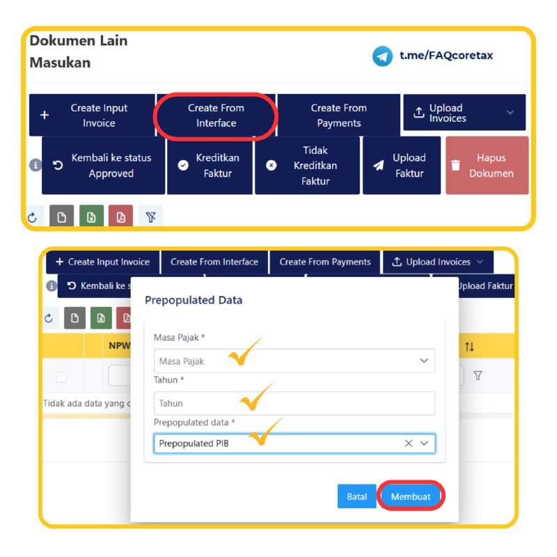  UPDATELangkah-langkah pembuatan dokumen lain pajak masukan (PIB dan termasuk PIB Konsolidasi) 1️⃣ Masuk ke Menu Dokumen Lain.  2️⃣ Pilih sub-menu Pajak Masukan.  3️⃣ Klik Create From Interface.  4️⃣ Pilih Masa Pajak & Tahun Pajak sesuai dengan Masa Pajak SSP atas PIB.5️⃣ Pada bagian Prepopulated Data, pilih Prepopulated PIB.  6️⃣ Klik Membuat, sistem akan mengambil data PIB sesuai yang tercatat di sistem DJBC.Kembali ke FAQ 84