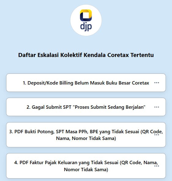 Mohon maaf atas kendala yang dihadapi Wajib Pajak terkait dengan pelaporan, pembayaran dan proses posting di Coretax.Kami mengimbau untuk selalu melakukan dokumentasi atas kendala jaringan/gangguan sistem berupa capture dengan tanggal komputer, atau screen recording atau pengumuman dan sensus error yang ada. Bila suatu saat diterbitkan sanksi, silakan manfaatkan haknya mengajukan permohonan penghapusan sanksi dengan dokumen pendukung berupa dokumentasi yang telah dikumpulkan.Selain itu, atas kendalanya silakan ajukan tiket Melati ke KPP/Kring Pajak. Namun, untuk kendala Coretax tertentu seperti:1. 
