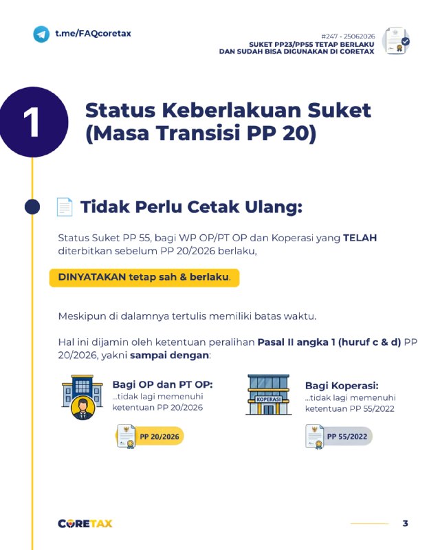#SuketUMKM #PP20 #eBupot #Coretax247. Lawan transaksi (pembeli) saya meminta Suket PP 20, tetapi yang saya miliki hanya Suket PP 55. Apakah Suket tersebut masih berlaku (karena tertulis sudah berakhir 2024) dan tetap dapat digunakan sebagai dasar pemotongan PPh Final 0,5%?”1. STATUS BERLAKUNYA SUKET (Masa Transisi PP 20)📄 Tidak Perlu Cetak Ulang:  Status Suket PP 55, bagi WP OP/PT OP dan Koperasi yang TELAH diterbitkan sebelum PP 20 berlaku, DINYATAKAN tetap sah dan berlaku. Hal ini dijamin oleh ketentuan peralihan Pasal II angka 1 (huruf c & d) PP 20/2026, yakni sampai dengan:* Bagi OP dan PT OP: tidak lagi memenuhi ketentuan PP 20* Bagi Koperasi:  tidak lagi memenuhi ketentuan PP 55✅ Telah Direaktivasi Otomatis:  Bagi WP OP, PT Perorangan, dan Koperasi yang sebelumnya memiliki Suket PP 55 tersebut, belum pernah mengajukan pemberitahuan memilih dikenakan ketentuan umum PPh, dan masih memenuhi syarat PP 55/PP 20,  saat ini suket-nya TELAH DIAKTIFKAN KEMBALI di sistem Coretax.✅ Siap Digunakan:  WP PPh Final 0.5% tersebut di atas sudah bisa menginfokan ke lawan transaksi bahwa pemotongan PPh Final 0.5% sudah bisa diproses di sistem Coretax. Pemotong/pemungut sudah dapat pilih Fasilitas Pajak Penerima Penghasilan: 