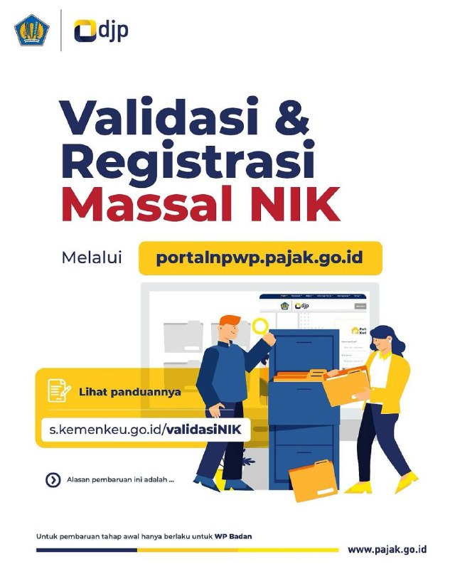 📢 Layanan Baru: Validasi & Registrasi Massal NIK Kini Resmi TersediaKabar baik untuk seluruh Pemberi Kerja Badan dan Instansi Pemerintah!Mulai hari ini, layanan Validasi & Registrasi Massal NIK Pegawai telah resmi dirilis melalui Portal NPWP versi 2.1 di laman:👉 