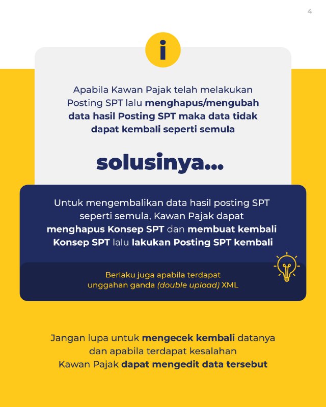 🟦 Tombol Posting SPTPastikan diklik saat mengisi SPT Tahunan. ✅🔄 Fitur Posting SPT sangat membantu untuk:- Menarik dan memutakhirkan data secara otomatis- Daftar harta- Daftar utang- Susunan keluarga- Bukti potong- Riwayat pembayaran pajak (termasuk angsuran)📌 Seluruh data tersebut akan ditarik sesuai yang sudah terekam di sistem.⚠️ Perlu diperhatikan:Data hasil posting yang sudah terlanjur dihapus atau diubah  ➡️ tidak dapat dikembalikan secara otomatis (tidak ada undo).🛠 Jika ingin mengembalikan data seperti semula, atau terjadi kendala seperti:- Upload file XML ganda- Data hasil posting tidak sesuai👉 Solusinya:- Hapus konsep SPT yang sedang dikerjakan- Buat konsep SPT baru- Klik kembali Tombol Posting SPT📝 Sebelum kirim SPT:- Teliti kembali seluruh isian- Jika masih ada yang kurang pas, data tetap bisa diedit manual- Sepanjang sesuai ketentuan pelaporan SPT:  ✅ benar  ✅ lengkap  ✅ jelas📚 Sumber: instagram.com/DitjenPajakRI—t.me/FAQcoretax🟦 Tombol Posting SPTPastikan diklik saat mengisi SPT Tahunan. ✅🔄 Fitur Posting SPT sangat membantu untuk:- Menarik dan memutakhirkan data secara otomatis- Daftar harta- Daftar utang- Susunan keluarga- Bukti potong- Riwayat pembayaran pajak (termasuk angsuran)📌 Seluruh data tersebut akan ditarik sesuai yang sudah terekam di sistem.⚠️ Perlu diperhatikan:Data hasil posting yang sudah terlanjur dihapus atau diubah  ➡️ tidak dapat dikembalikan secara otomatis (tidak ada undo).🛠 Jika ingin mengembalikan data seperti semula, atau terjadi kendala seperti:- Upload file XML ganda- Data hasil posting tidak sesuai👉 Solusinya:- Hapus konsep SPT yang sedang dikerjakan- Buat konsep SPT baru- Klik kembali Tombol Posting SPT📝 Sebelum kirim SPT:- Teliti kembali seluruh isian- Jika masih ada yang kurang pas, data tetap bisa diedit manual- Sepanjang sesuai ketentuan pelaporan SPT:  ✅ benar  ✅ lengkap  ✅ jelas📚 Sumber: instagram.com/DitjenPajakRI—t.me/FAQcoretax