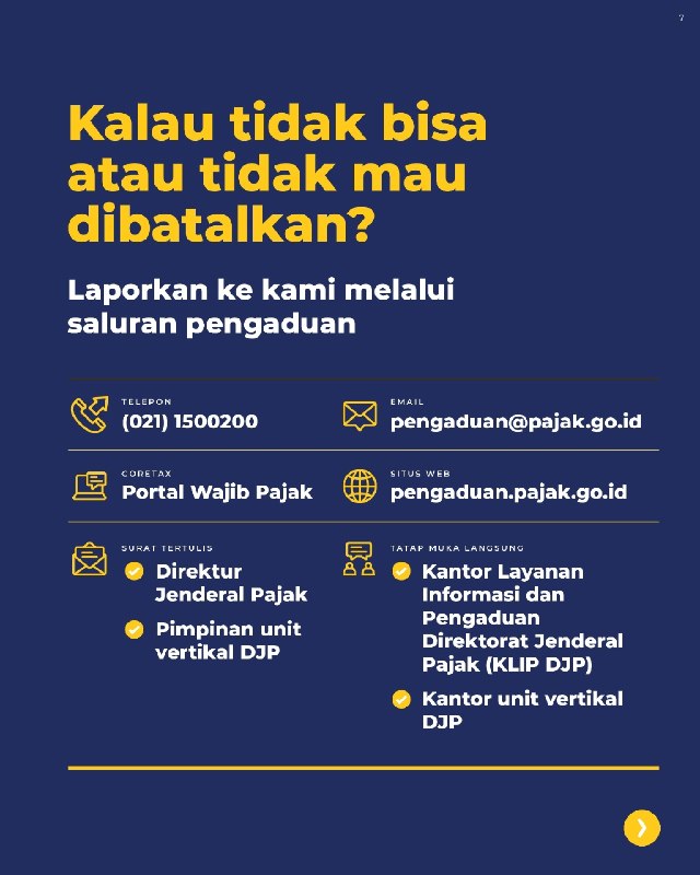 #FakturPajak #Coretax #BuktiPotong #PengaduanDJP254. KOK ADA FAKTUR PAJAK ATAS NAMA SAYA, PADAHAL NGGAK PERNAH TRANSAKSI?Pernah kaget tiba-tiba nemu data Faktur Pajak atau Bukti Potong atas nama dan NPWP Anda, padahal merasa nggak pernah beli barang atau melakukan transaksi tersebut? Kabar baiknya, sekarang seluruh data Faktur Pajak dan Bukti Potong pajak memang sudah terintegrasi penuh di Coretax DJP. Artinya, sistem yang baru ini bikin transaksi jauh lebih transparan. Anda bisa dengan mudah memantau dan mengecek sendiri apakah data yang tercatat di sistem benar-benar sesuai dengan transaksi riil Anda.❓ LALU, BAGAIMANA JIKA MENEMUKAN DATA YANG TIDAK SESUAI / FIKTIF?Jangan panik, segera lakukan 2 langkah penyelesaian berikut:1️⃣ Konfirmasi ke Pihak PenerbitSegera hubungi perusahaan atau pihak lawan transaksi yang menerbitkan Faktur Pajak/Bukti Potong tersebut. Sampaikan bahwa Anda tidak pernah melakukan transaksi, lalu minta mereka untuk segera MEMBATALKAN dokumen tersebut di sistem. (Bisa jadi ini hanya human error atau salah ketik NPWP).2️⃣ Laporkan ke Kanal Pengaduan DJPJika pihak penerbit sulit dihubungi, tidak kooperatif, atau Anda curiga ada indikasi kesengajaan penyalahgunaan identitas, jangan didiamkan. Segera sampaikan pengaduan resmi melalui kanal pengaduan DJP (seperti Kring Pajak 1500200, email ke pengaduan@pajak.go.id, atau datang ke KPP terdekat) agar segera ditindaklanjuti.Yuk, biasakan cek profil dan data perpajakan Anda di Coretax secara berkala. Karena mencegah penyalahgunaan data akan selalu lebih baik daripada repot memperbaikinya nanti. --t.me/FAQcoretax#FakturPajak #Coretax #BuktiPotong #PengaduanDJP254. KOK ADA FAKTUR PAJAK ATAS NAMA SAYA, PADAHAL NGGAK PERNAH TRANSAKSI?Pernah kaget tiba-tiba nemu data Faktur Pajak atau Bukti Potong atas nama dan NPWP Anda, padahal merasa nggak pernah beli barang atau melakukan transaksi tersebut? Kabar baiknya, sekarang seluruh data Faktur Pajak dan Bukti Potong pajak memang sudah terintegrasi penuh di Coretax DJP. Artinya, sistem yang baru ini bikin transaksi jauh lebih transparan. Anda bisa dengan mudah memantau dan mengecek sendiri apakah data yang tercatat di sistem benar-benar sesuai dengan transaksi riil Anda.❓ LALU, BAGAIMANA JIKA MENEMUKAN DATA YANG TIDAK SESUAI / FIKTIF?Jangan panik, segera lakukan 2 langkah penyelesaian berikut:1️⃣ Konfirmasi ke Pihak PenerbitSegera hubungi perusahaan atau pihak lawan transaksi yang menerbitkan Faktur Pajak/Bukti Potong tersebut. Sampaikan bahwa Anda tidak pernah melakukan transaksi, lalu minta mereka untuk segera MEMBATALKAN dokumen tersebut di sistem. (Bisa jadi ini hanya human error atau salah ketik NPWP).2️⃣ Laporkan ke Kanal Pengaduan DJPJika pihak penerbit sulit dihubungi, tidak kooperatif, atau Anda curiga ada indikasi kesengajaan penyalahgunaan identitas, jangan didiamkan. Segera sampaikan pengaduan resmi melalui kanal pengaduan DJP (seperti Kring Pajak 1500200, email ke pengaduan@pajak.go.id, atau datang ke KPP terdekat) agar segera ditindaklanjuti.Yuk, biasakan cek profil dan data perpajakan Anda di Coretax secara berkala. Karena mencegah penyalahgunaan data akan selalu lebih baik daripada repot memperbaikinya nanti. --t.me/FAQcoretax