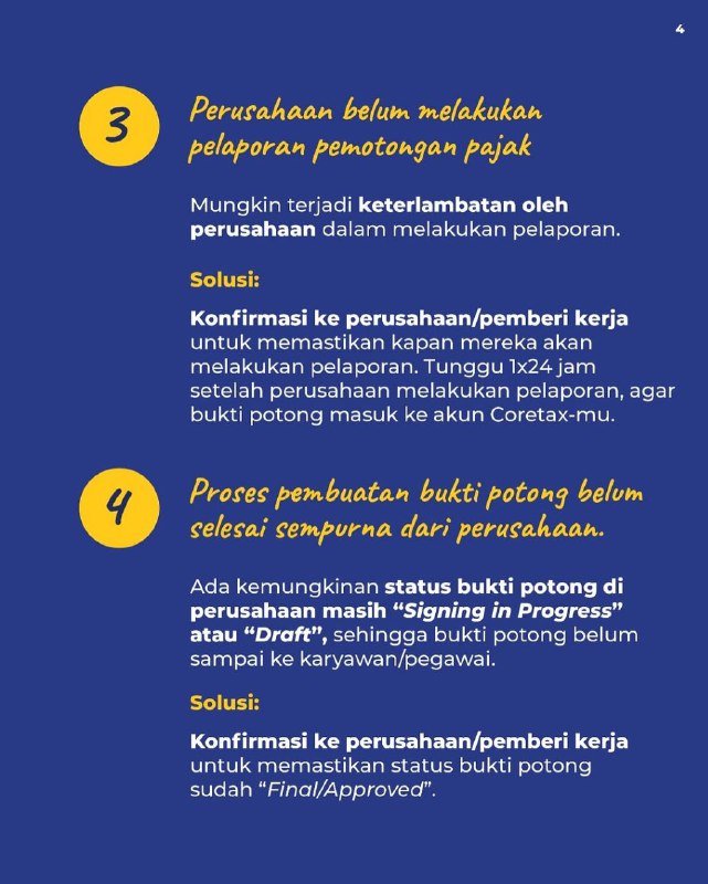 #KawanPajak Dengan Coretax, data yang dilaporkan perusahaan, langsung muncul di akunmu. Kalau nggak muncul, berarti ada beberapa hal yang bisa kamu lakukan. Cek sinkronisasi data dan NIK-mu. Konfirmasi juga ke pemberi kerja. Tapi ingat, kalau ternyata ada indikasi perusahaan potong gaji tapi tidak setor pajak, jangan takut untuk lapor! Untuk konfirmasi dan informasi lebih lanjut, silakan hubungi Kring Pajak 1500200, @kringpajak1500200, dan Helpdesk Kantor Pajak terdekat.Source IG ditjenpajakri--t.me/FAQcoretax#KawanPajak Dengan Coretax, data yang dilaporkan perusahaan, langsung muncul di akunmu. Kalau nggak muncul, berarti ada beberapa hal yang bisa kamu lakukan. Cek sinkronisasi data dan NIK-mu. Konfirmasi juga ke pemberi kerja. Tapi ingat, kalau ternyata ada indikasi perusahaan potong gaji tapi tidak setor pajak, jangan takut untuk lapor! Untuk konfirmasi dan informasi lebih lanjut, silakan hubungi Kring Pajak 1500200, @kringpajak1500200, dan Helpdesk Kantor Pajak terdekat.Source IG ditjenpajakri--t.me/FAQcoretax
