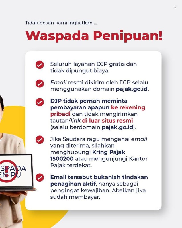 #Reminder Kemarin DJP mengirim email blast resmiSender ditjen.pajak@pajak.go.idIsinya, imbauan pembayaran tunggakan bagi WP yang memiliki tunggakan. Kemudian, arahan buat billing langsung di coretax dan bayar di channel resmi.Itu bukan penipuan ya ✅Yang penipuan itu yang minta unduh sesuatu, bayar meterai dsbnya, dan terutama tidak menggunakan domain resmi pajak.go.id.Terima kasih#Reminder Kemarin DJP mengirim email blast resmiSender ditjen.pajak@pajak.go.idIsinya, imbauan pembayaran tunggakan bagi WP yang memiliki tunggakan. Kemudian, arahan buat billing langsung di coretax dan bayar di channel resmi.Itu bukan penipuan ya ✅Yang penipuan itu yang minta unduh sesuatu, bayar meterai dsbnya, dan terutama tidak menggunakan domain resmi pajak.go.id.Terima kasih