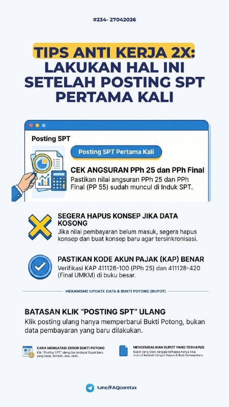 #Reminder #TIPS234. Bagaimana jika terdapat pembayaran Angsuran PPh 25 yang belum masuk ke Induk SPT Tahunan, termasuk pembayaran PPh final UMKM di lampiran peredaran bruto?Jika setelah posting SPT pertama kali, datanya kurang, maka selain harus mengecek data pembayaran sudah masuk ke buku besar, maka selanjutnya adalah HAPUS KONSEP dan BUAT KONSEP SPT kembali.Oleh karena itu: Biar nggak capek ngulang dari awal isian SPT, SETELAH KLIK POSTING SPT PERTAMA KALI, jangan langsung buru-buru isi lampiran lain.TIPS - Silakan CEK ini dulu:
