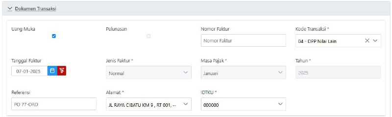 #UangMuka Pertama:Ilustrasi Perekaman FP Uang Muka Pertama dan Cetakan PDFUpdate 1 Mei 2025Total harga jual transaksi: Rp5juta.Terdiri dari:- Barang ABC : Rp 2 juta- Barang DEF : Rp 3 jutaTahapan Pembayaran Pertama- Pertama: 2 juta -> Pada baris uang muka diisi 11/12 x 2 juta: 1.8-an juta- Pertama: 2 juta, maka isi uang muka 2 jutaPenjelasan 