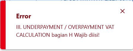 Per 14:00 WIBError yang muncul saat bayar dan lapor SPT Masa PPN, baik dengan status nihil maupun kurang bayar (KB), dengan keterangan:III. Underpayment / Overpayment VAT Calculation bagian H Wajib diisi!Di mana toggle bagian III.H minta diklik padahal tidak bisa (karena memang nihil dan kurang bayar).Saat ini sedang dalam penanganan tim terkait. Segera setelah ada kabar kami update ya.—t.me/FAQcoretaxDiskusi konsulgabjatim1