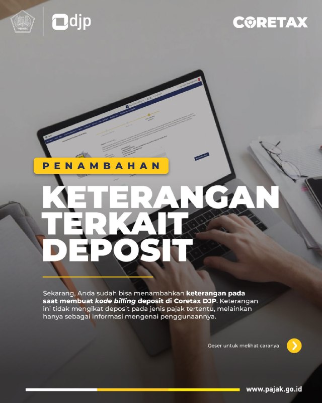 122. Saat membuat kode billing Deposit, terdapat pilihan keterangan Deposit. Apakah artinya mengikat?#Pembayaran  Tidak mengikat, karena:✅ Sesuai prinsipnya, Deposit adalah pembayaran yang belum terikat jenis pajak tertentu, sehingga masih dapat digunakan untuk jenis pajak apapun.✅ Keterangan tambahan hanya informasi untuk mempermudah identifikasi pembayaran.🧠 Contoh kasus: