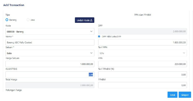 #UangMuka Pertama:Ilustrasi Perekaman FP Uang Muka Pertama dan Cetakan PDFUpdate 1 Mei 2025Total harga jual transaksi: Rp5juta.Terdiri dari:- Barang ABC : Rp 2 juta- Barang DEF : Rp 3 jutaTahapan Pembayaran Pertama- Pertama: 2 juta -> Pada baris uang muka diisi 11/12 x 2 juta: 1.8-an juta- Pertama: 2 juta, maka isi uang muka 2 jutaPenjelasan 