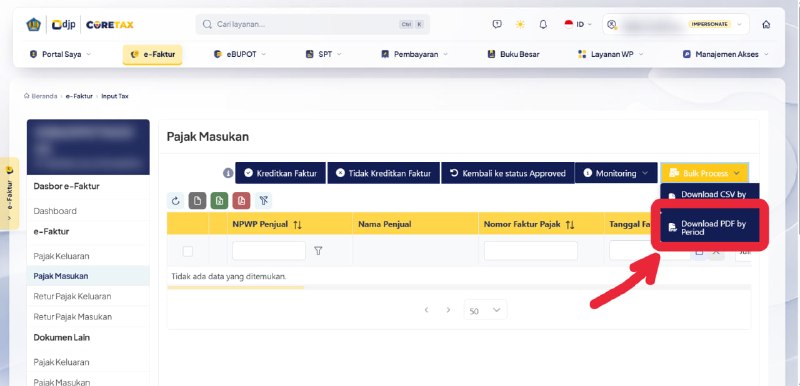 #ReminderDari informasi yang diperoleh, fitur BULK PROCESS untuk unduh PDF massal, terutama yang muncul di menu Faktur Pajak Masukan Coretax, memang SEHARUSNYA belum berfungsi dan seharusnya belum terdeploy tombolnya.Untuk mengunduh massal PDF silakan gunakan GENTA pada DJP Online. Informasi lebih lanjut klik di sini.Sekian informasi ini. Terima kasih.—t.me/FAQcoretax
