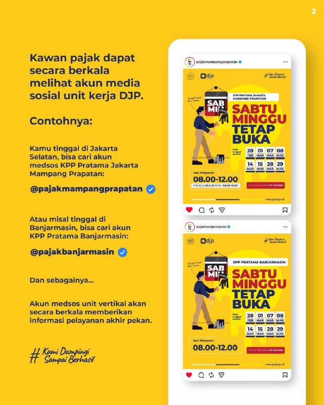 Mau lapor SPT tapi sibuk di hari kerja? Tenang, #KawanPajak! Kantor Pajak kini hadir lebih dekat dengan membuka layanan di akhir pekan (Sabtu & Minggu) untuk mendampingi kamu menuntaskan kewajiban pelaporan SPT Tahunan.Pastikan #KawanPajak memantau secara berkala akun media sosial KPP di wilayah domisili masing-masing untuk mengetahui jadwal operasional unit kerja terdekat, ya! Jangan lupa ambil tiket antrean terlebih dahulu melalui kunjung.pajak.go.id. Seluruh layanan kami tidak dipungut biaya alias GRATIS, jadi tetap waspada terhadap segala bentuk penipuan atau calo karena #KamiDampingiSampaiBerhasil!Mau lapor SPT tapi sibuk di hari kerja? Tenang, #KawanPajak! Kantor Pajak kini hadir lebih dekat dengan membuka layanan di akhir pekan (Sabtu & Minggu) untuk mendampingi kamu menuntaskan kewajiban pelaporan SPT Tahunan.Pastikan #KawanPajak memantau secara berkala akun media sosial KPP di wilayah domisili masing-masing untuk mengetahui jadwal operasional unit kerja terdekat, ya! Jangan lupa ambil tiket antrean terlebih dahulu melalui kunjung.pajak.go.id. Seluruh layanan kami tidak dipungut biaya alias GRATIS, jadi tetap waspada terhadap segala bentuk penipuan atau calo karena #KamiDampingiSampaiBerhasil!