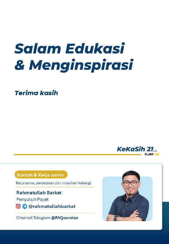 📢 AKHIRNYA RILIS | KeKaSih 21 v1.0 (Coretax)Rekan @FAQcoretax, ini adalah kontribusi kecil saya, Rahmatullah Barkat, untuk mempermudah kita semua menghadapi PPh 21 di era Coretax.Saya merancang KeKaSiH 21 (Kertas Kerja Simplifikasi Hitung PPh Pasal 21) agar perhitungan pajak jadi lebih praktis, mulai dari:✅ All-in-One: Hitung PPh 21 Pegawai Tetap, Tidak Tetap, & Lainnya.  ✅ Coretax Ready: Support TER, Tahunan A1, & XML Export (PMK-168).  ✅ Smart Simulation: Komparasi TER vs Tarif 17 & Simulasi Pemotongan Tahunan dan Kertas Kerja DTP PMK-72 (Insentif Pariwisata).  ✅ Gratis & Mudah: Gaptek friendly, sudah saya sediakan panduan bergambar.Kertas Kerja ini GRATIS, spesial untuk subscriber setia @FAQcoretax.📥 Ambil aplikasi-nya hanya di sini:  👉 t.me/kekasih21botSemoga karya sederhana ini bermanfaat dan memudahkan pekerjaan teman-teman semua. Saran, masukan dan pertanyaan silakan komen di post ini. Terima kasih.Salam hormat,  Rahmatullah Barkat- Penyuluh Pajak——t.me/FAQcoretax📢 AKHIRNYA RILIS | KeKaSih 21 v1.0 (Coretax)Rekan @FAQcoretax, ini adalah kontribusi kecil saya, Rahmatullah Barkat, untuk mempermudah kita semua menghadapi PPh 21 di era Coretax.Saya merancang KeKaSiH 21 (Kertas Kerja Simplifikasi Hitung PPh Pasal 21) agar perhitungan pajak jadi lebih praktis, mulai dari:✅ All-in-One: Hitung PPh 21 Pegawai Tetap, Tidak Tetap, & Lainnya.  ✅ Coretax Ready: Support TER, Tahunan A1, & XML Export (PMK-168).  ✅ Smart Simulation: Komparasi TER vs Tarif 17 & Simulasi Pemotongan Tahunan dan Kertas Kerja DTP PMK-72 (Insentif Pariwisata).  ✅ Gratis & Mudah: Gaptek friendly, sudah saya sediakan panduan bergambar.Kertas Kerja ini GRATIS, spesial untuk subscriber setia @FAQcoretax.📥 Ambil aplikasi-nya hanya di sini:  👉 t.me/kekasih21botSemoga karya sederhana ini bermanfaat dan memudahkan pekerjaan teman-teman semua. Saran, masukan dan pertanyaan silakan komen di post ini. Terima kasih.Salam hormat,  Rahmatullah Barkat- Penyuluh Pajak——t.me/FAQcoretax