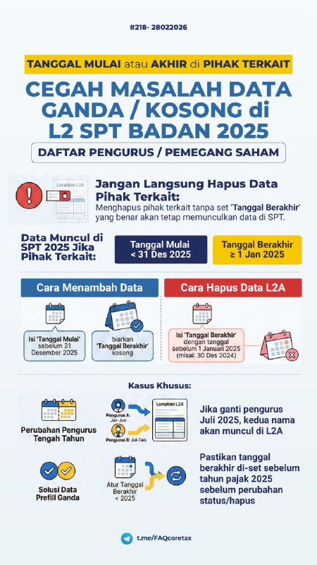 #PihakTerkait #SPTTahunanBadan218. Mengapa data pengurus tetap muncul atau bahkan ganda di L2 A SPT Tahunan Badan 2025 meskipun sudah dihapus dari tabel Pihak Terkait? Apa logika sistem Coretax dalam menentukan siapa saja yang muncul di lampiran L2 A?PENGATURAN DATA PENGURUS/PEMEGANG SAHAM📌 Agar Prefill Tepat di L2A SPT Badan Tahun Pajak 2025Pengisian data Pihak Terkait (Pengurus/Pemegang Saham) sangat menentukan apakah nama tersebut muncul atau tidak di Lampiran L2A SPT Badan 2025.🧩 ISU UTAMA