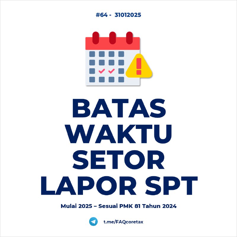 64. Kapan batas waktu pembayaran pajak dan pelaporan SPT di Coretax? Apakah sama dengan tahun pajak lalu? #Pembayaran #TenggatPajakTidak. Terdapat perubahan batas waktu penyetoran pajak, di mana penyetoran PPh pemotongan pemungutan, disamakan dengan tanggal penyetoran PPh sendiri (cth: Final UMKM dan Angsuran PPh 25). Artinya, sudah tidak ada lagi batas waktu penyetoran yang dulunya harus ditanggal 10 bulan berikutnya, dan disatukan di tanggal 15 bulan berikutnya. Adapun batas lapor SPT tetap di tanggal 20, kecuali SPT Masa Bea Meterai. Perhatikan catatan di bawah untuk menghindari sanksi keterlambatan.— Batas Waktu Pelaporan dan Pembayaran Pajak
